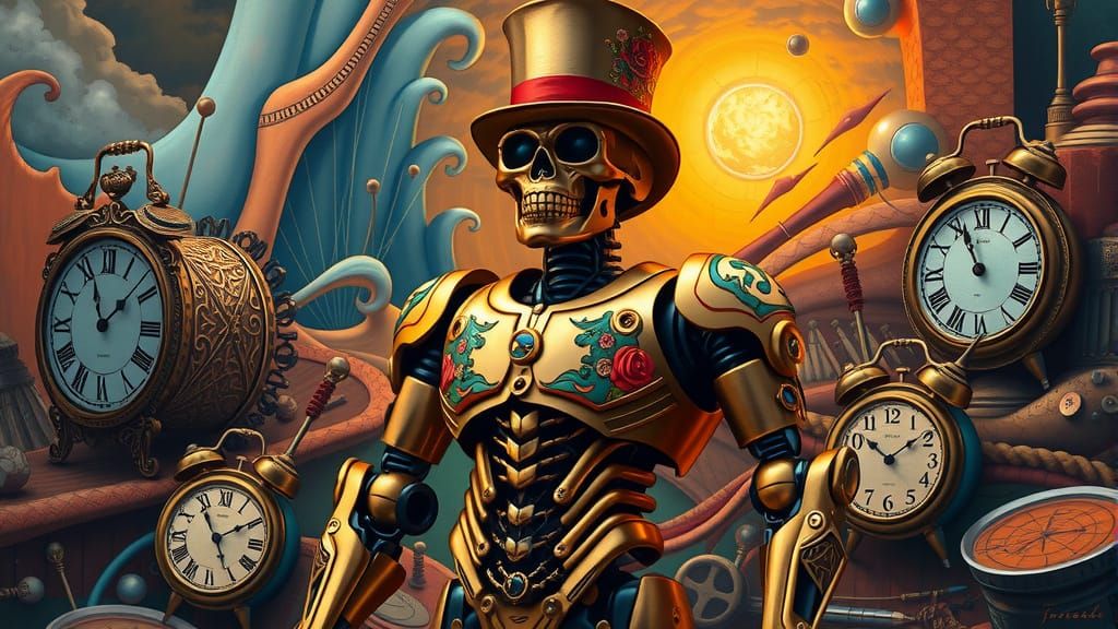 Steampunk Robot in Vibrant Day of the Dead-Inspired Armor