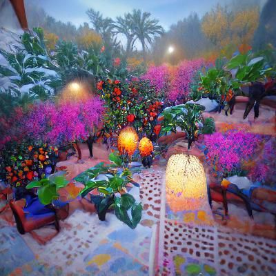 Moroccan Winter Garden Painting with Flowers and Fruit