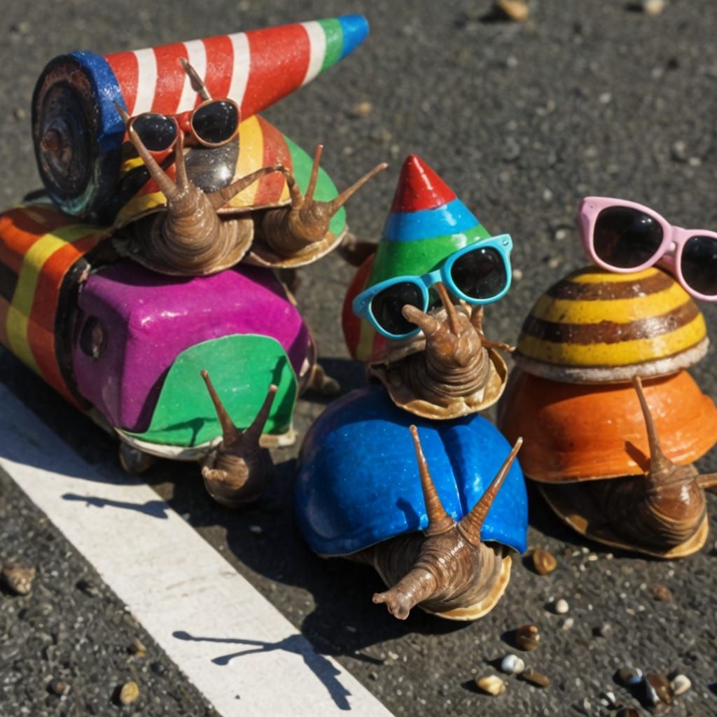 Colorful Macro Snails Travel on Highway