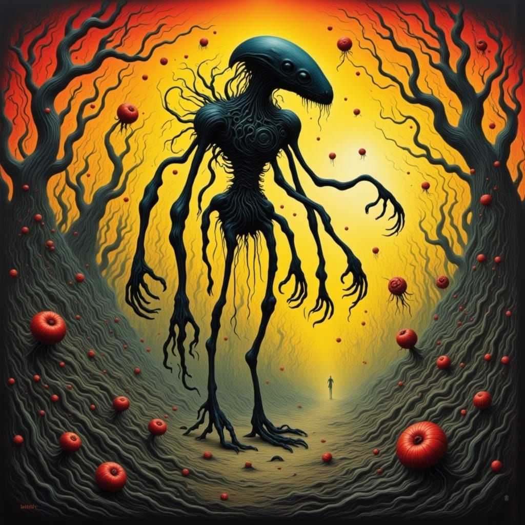 Dark Figure in Dreamlike Landscape: Watercolour Art