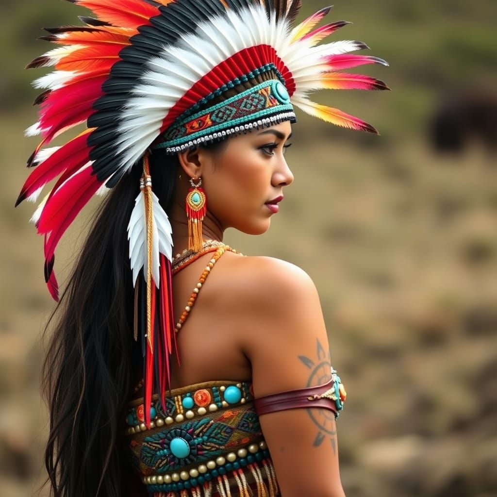 Woman in Traditional Native American Costume with Vibrant Fe...