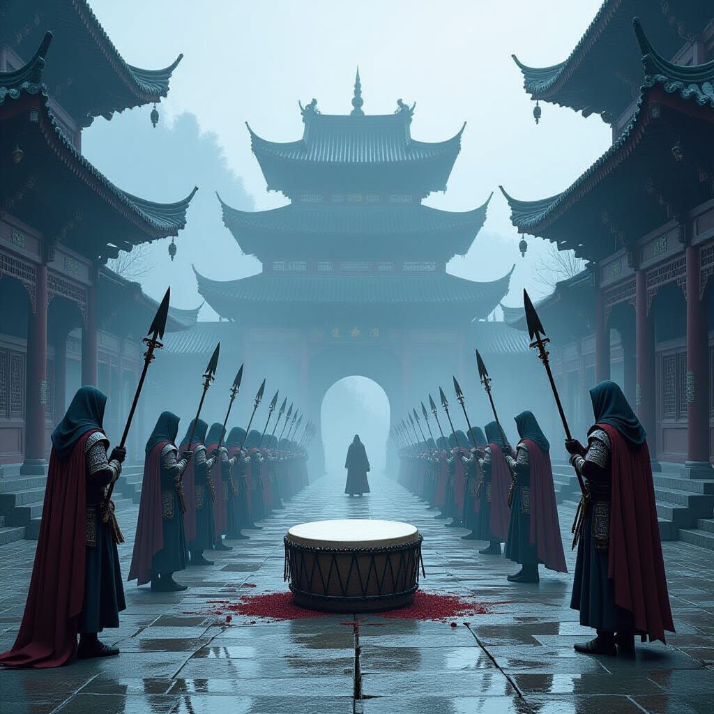 Misty Royal Courtyard Mourning Scene in Mystical Realism