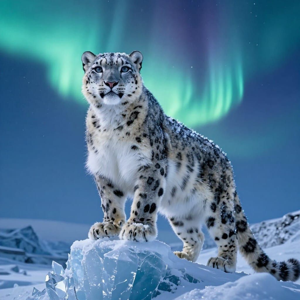 Majestic Snow Leopard in Arctic Aurora