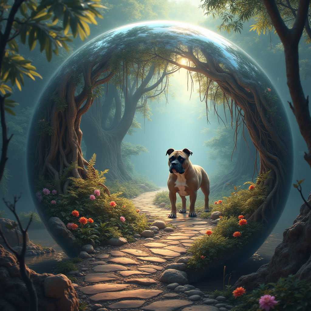 Mystical Bulldog Journey Through Tropical Dreamscape