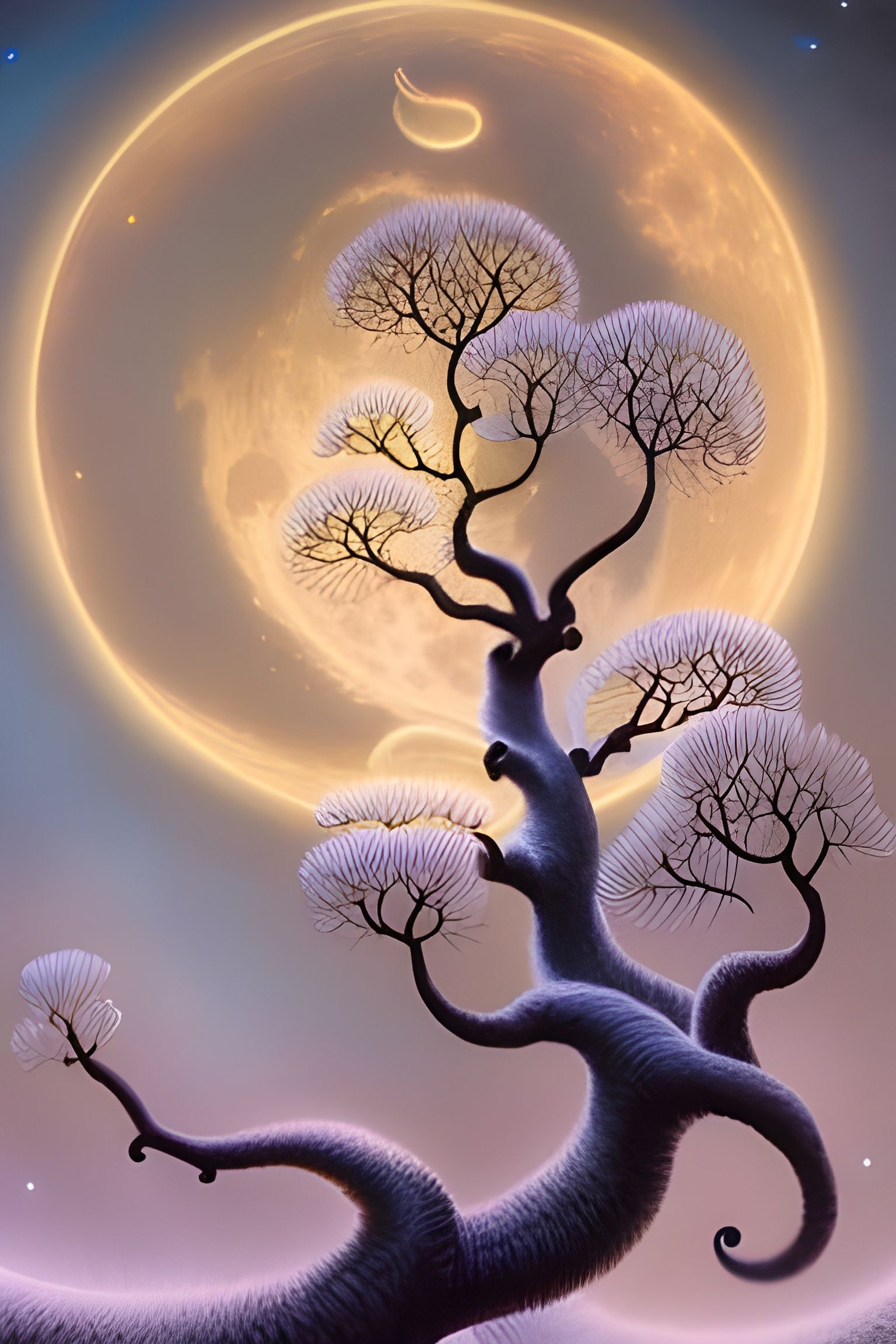Luminous Lunar Tree Illustration in Pastel Colors
