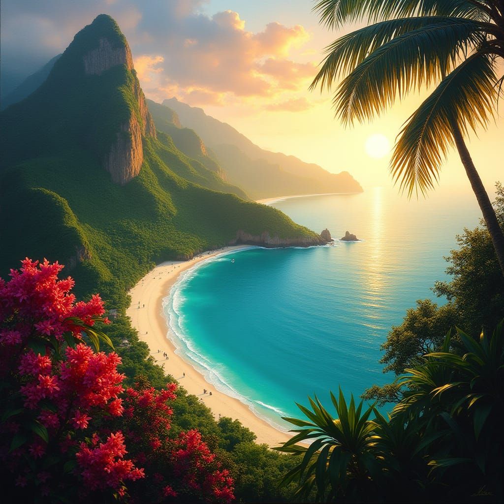 Golden Hour Tropical Coast Oil Painting in Romantic Realism ...