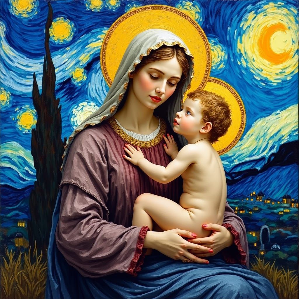 Virgin Mary and Child Impresionist Painting in Van Gogh Styl...