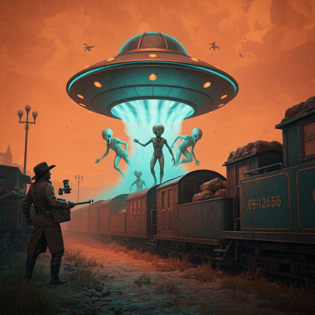 Alien UFO Attacks Wild West Train in Concept Art