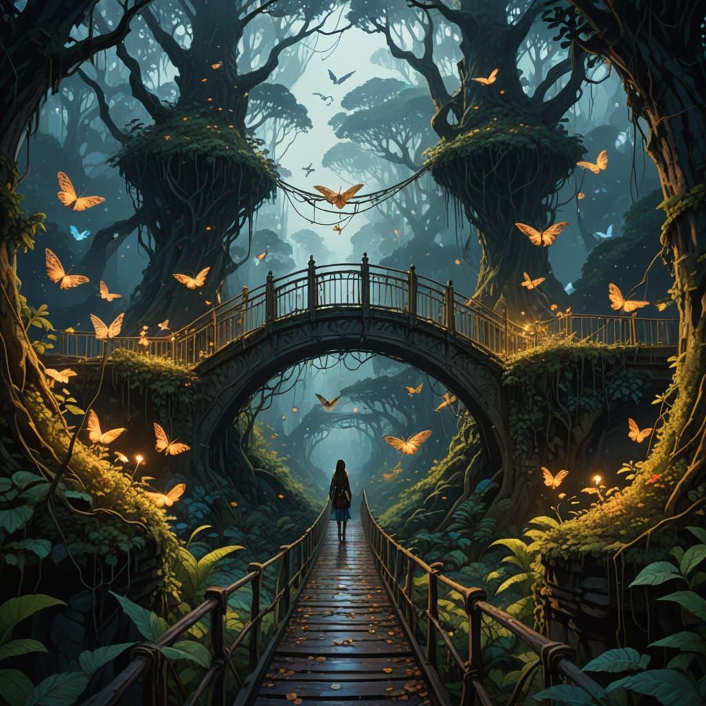 Epic Tropical Rope Bridge over a Deep Valley in a Lush Fores...