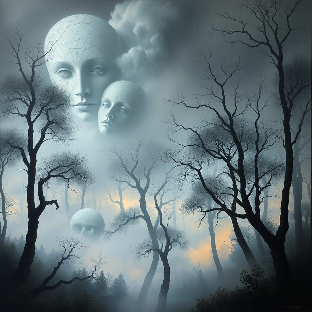 Surreal Foggy Forest with Ethereal Shapes and Twisted Trees