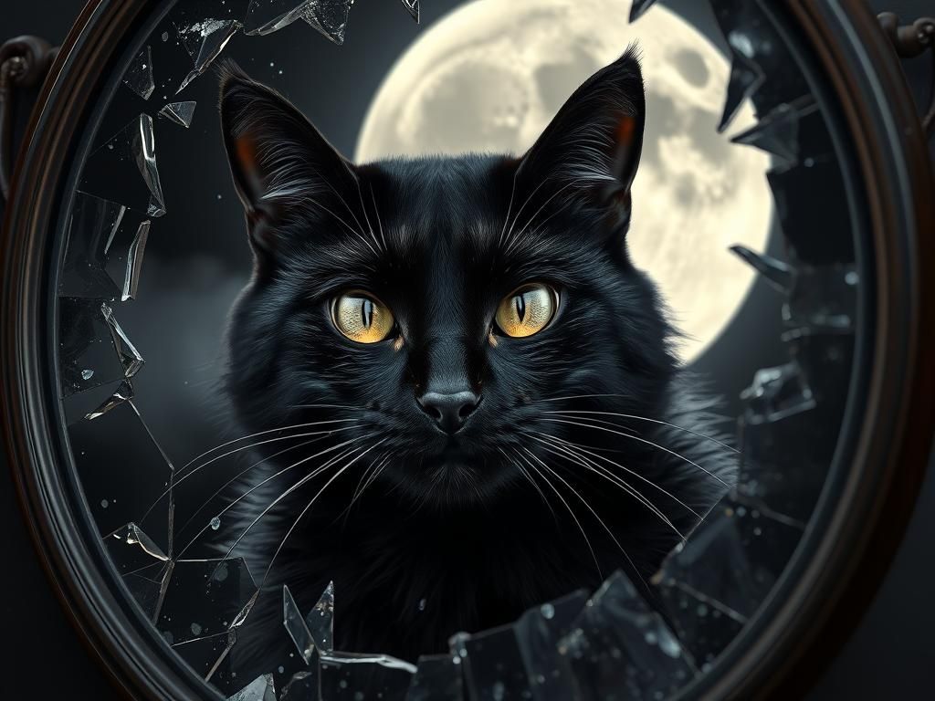 Eerie Black Cat Portrait with Broken Mirror