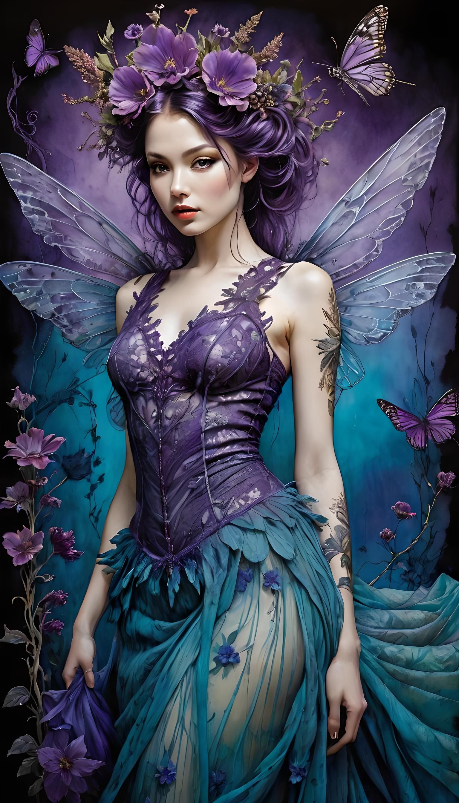 Surreal Gothic Maiden with Lacewings as Watercolor Painting