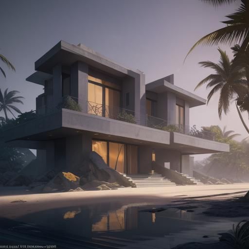 Hyper Modern Beach Villa: Dark Fantasy Concept Art