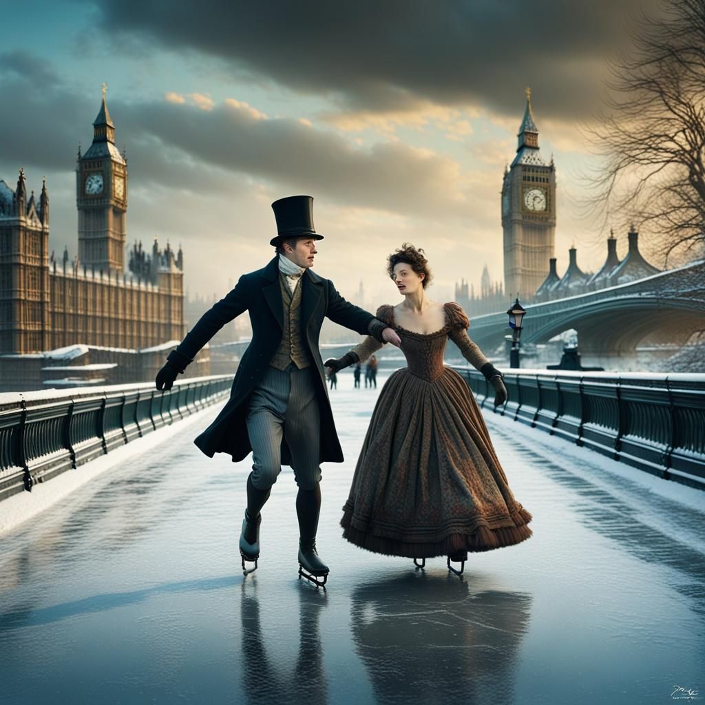 Couple Skating on Thames in Winter: 19th Century Painting