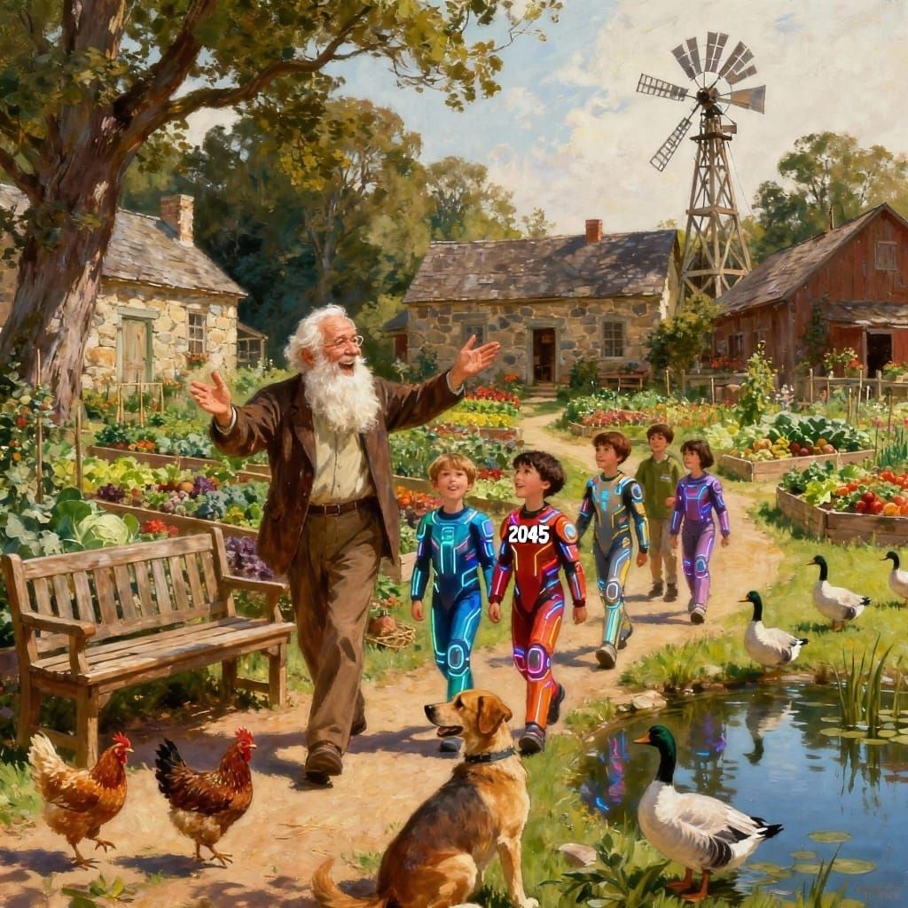 Elderly Man Shows Children Rustic Farm in 2045