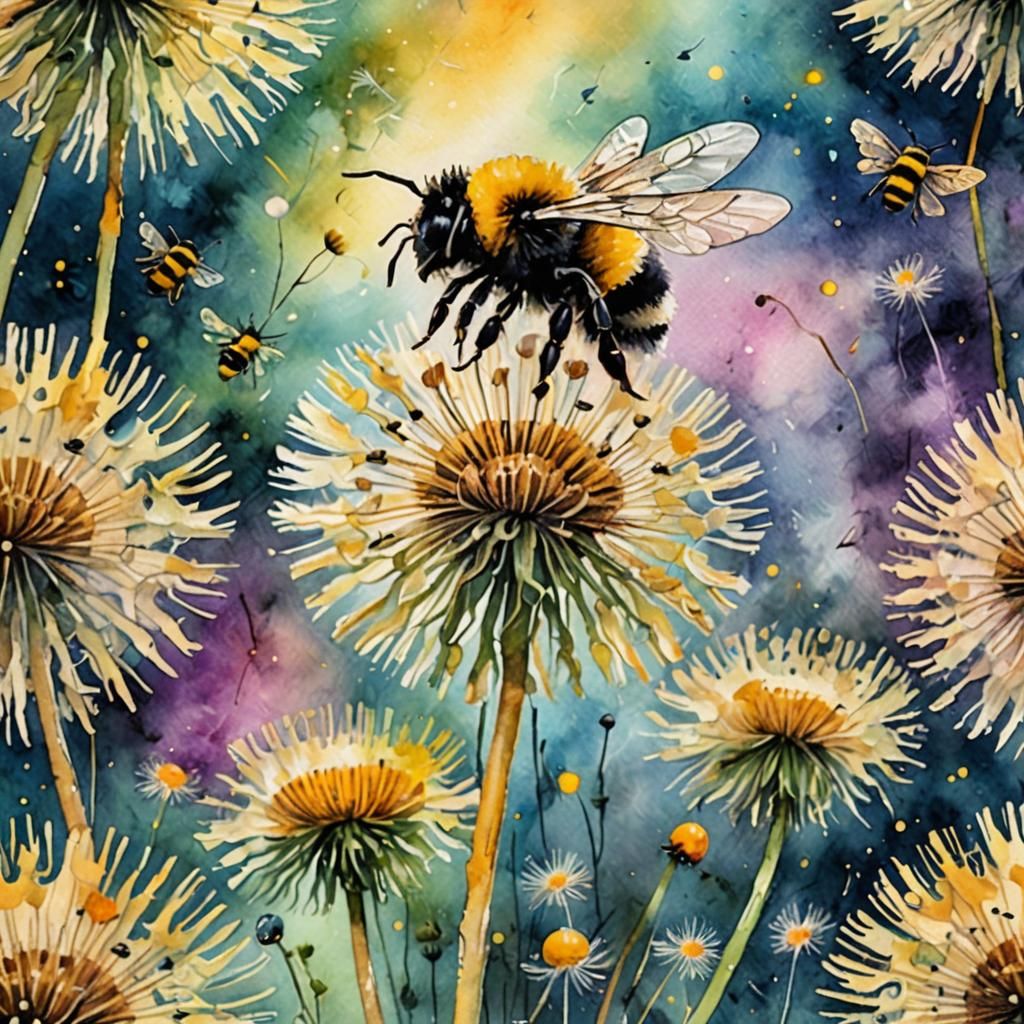 Watercolor Dandelion and Bumblebee in Pastel Colors