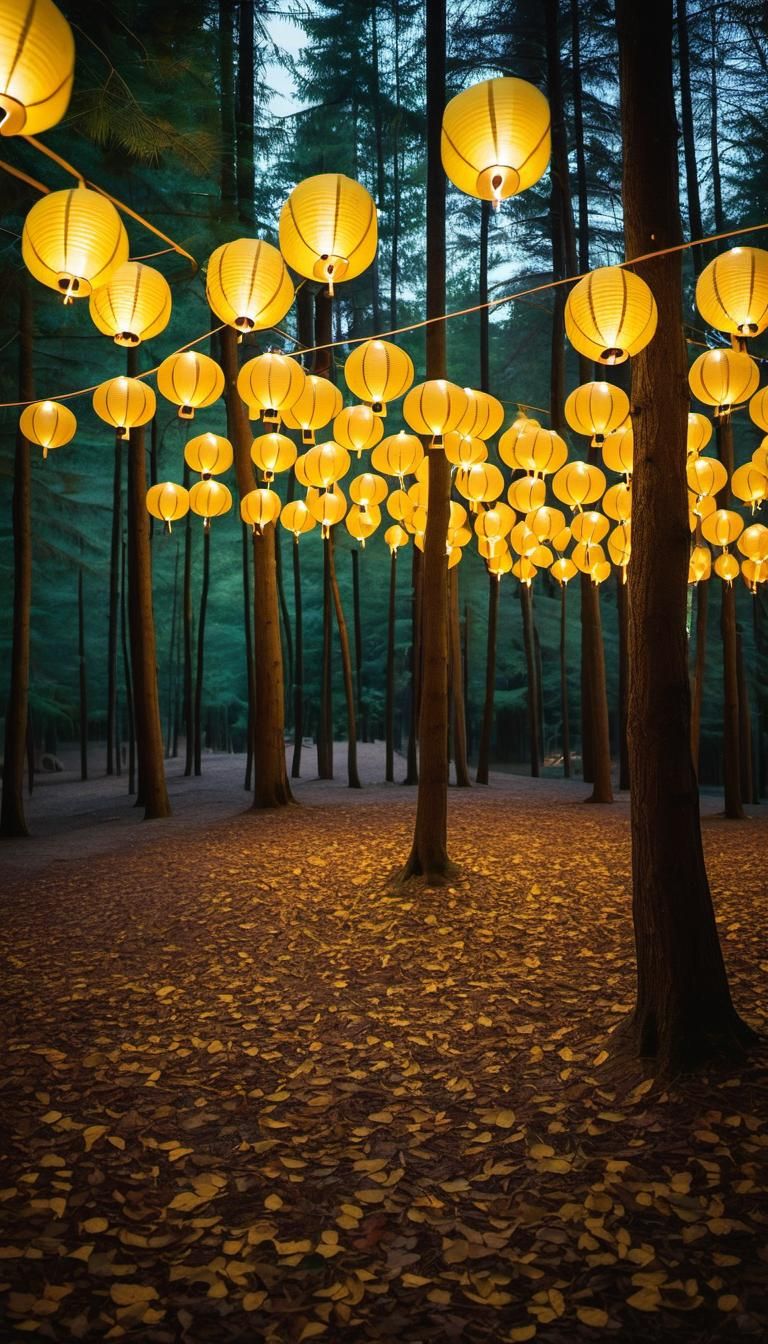 Magical Lanterns Glow in Enchanted Forest Clearing