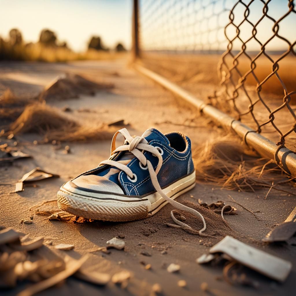Lost Child's Sneaker by Wire Fence at Golden Hour