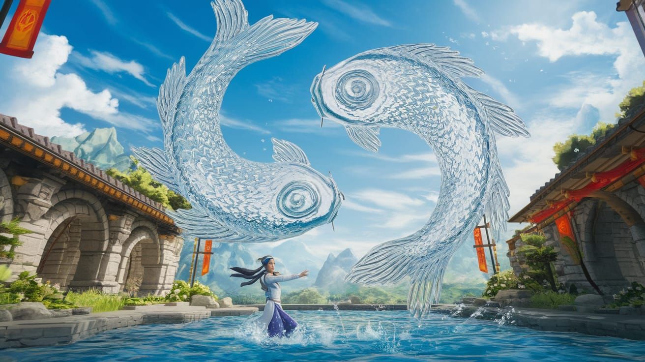Intricate Water Koi Pair in Avatar-Inspired Courtyard