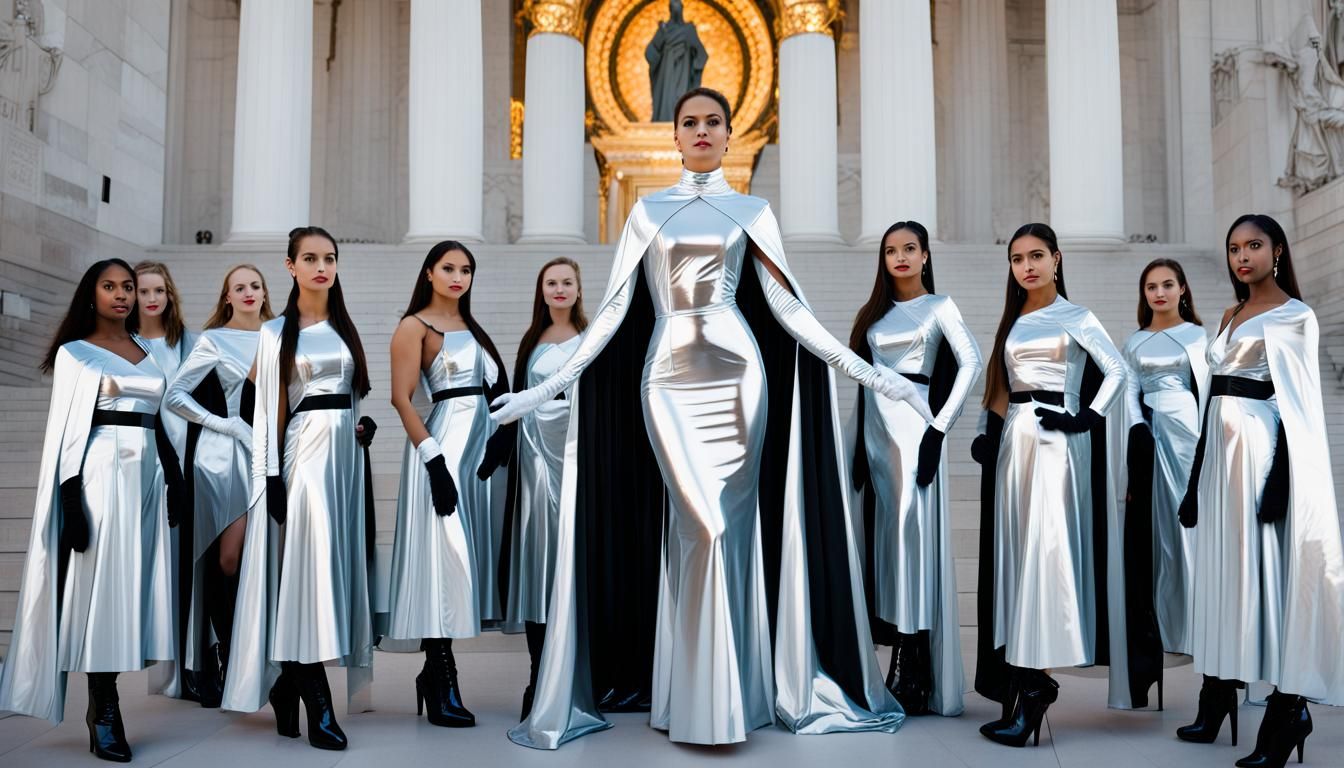 Goddess Teacher with Students in Futuristic Fashion