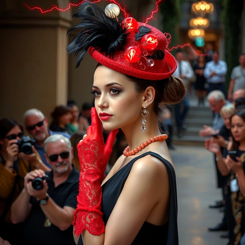 Gothic Model with Electric Hat and Peacock Earrings