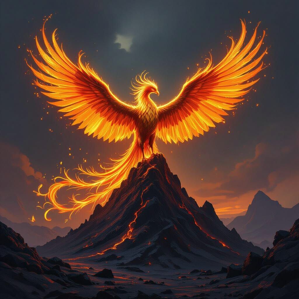 Molten Gold Phoenix on Volcanic Peak