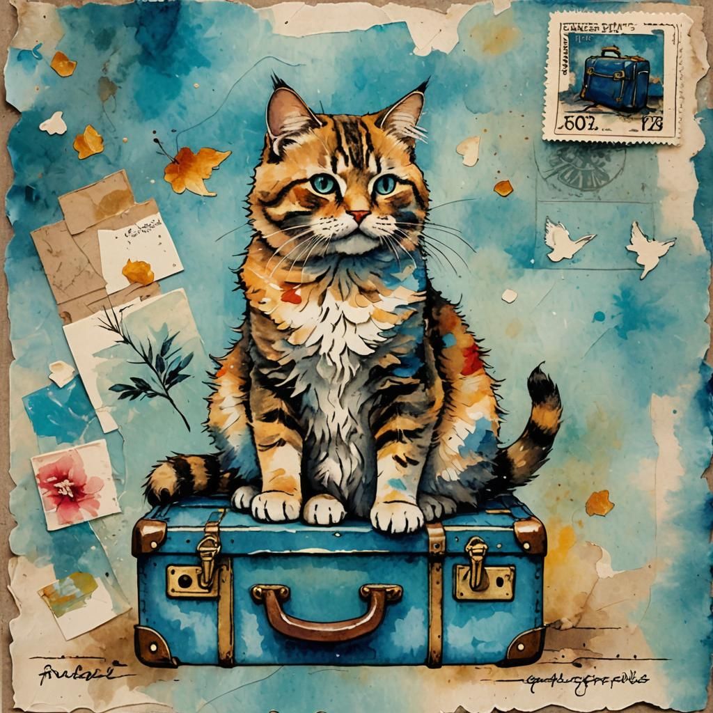Vintage-Style Travel Postcard with Whimsical Cat