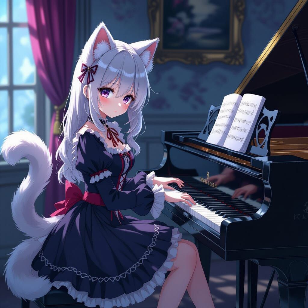 Anime Girl with Cat Ears Plays Piano in Gothic Lolita Dress