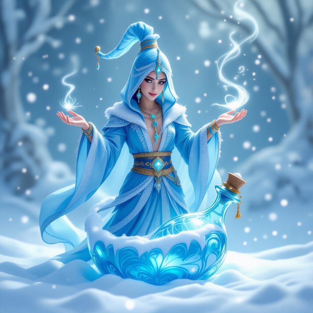 Enchanted Snow Genie Emerges from Magic Bottle