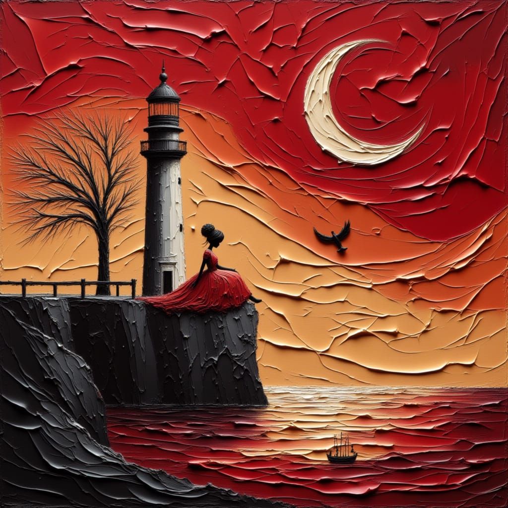 Lighthouse on Crimson Sea in Impasto Style