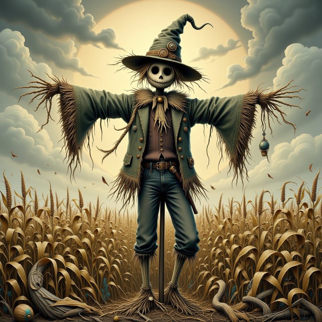 Tim Burton Style Scarecrow in a Cornfield