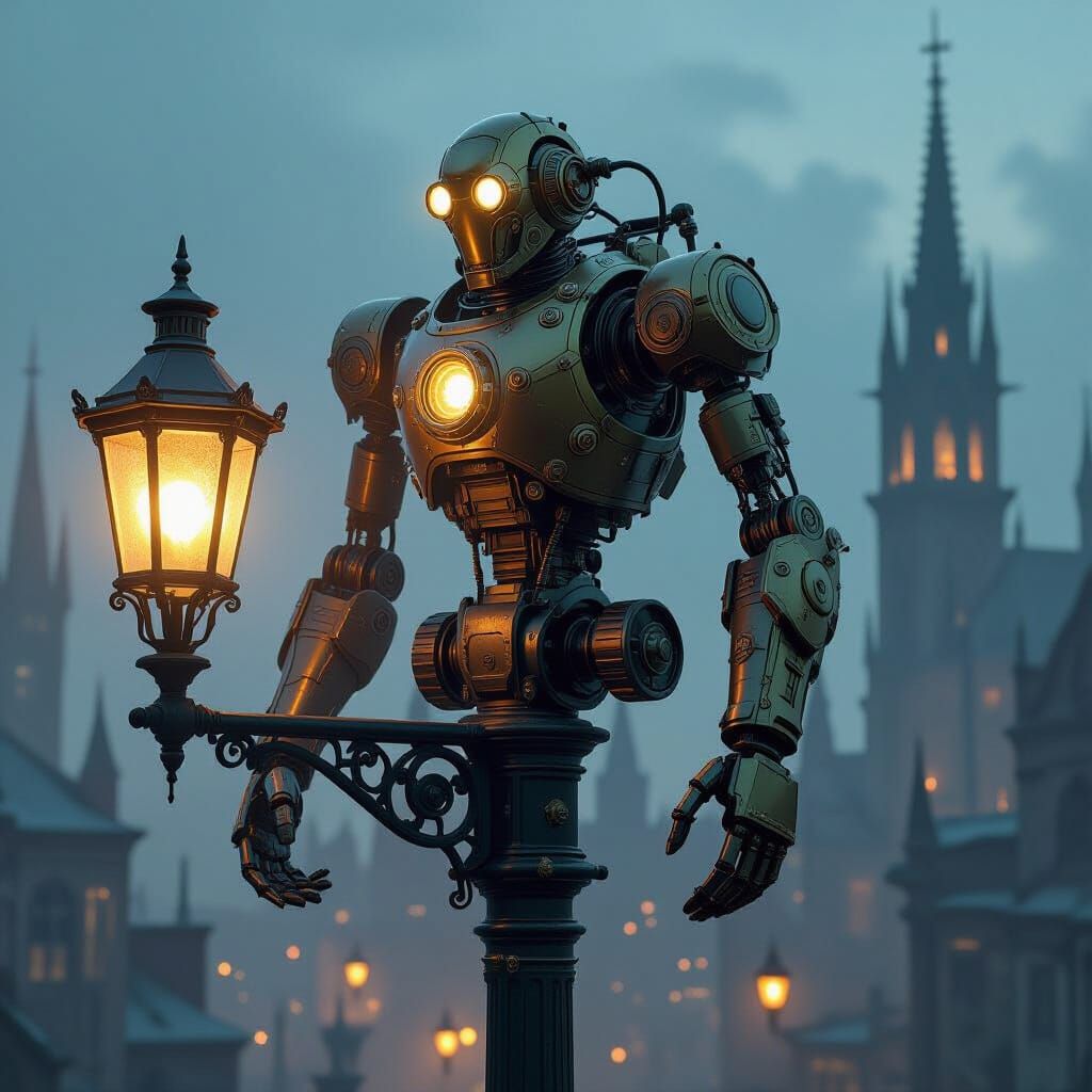 Steampunk Robot Perched Atop Gothic Lamppost