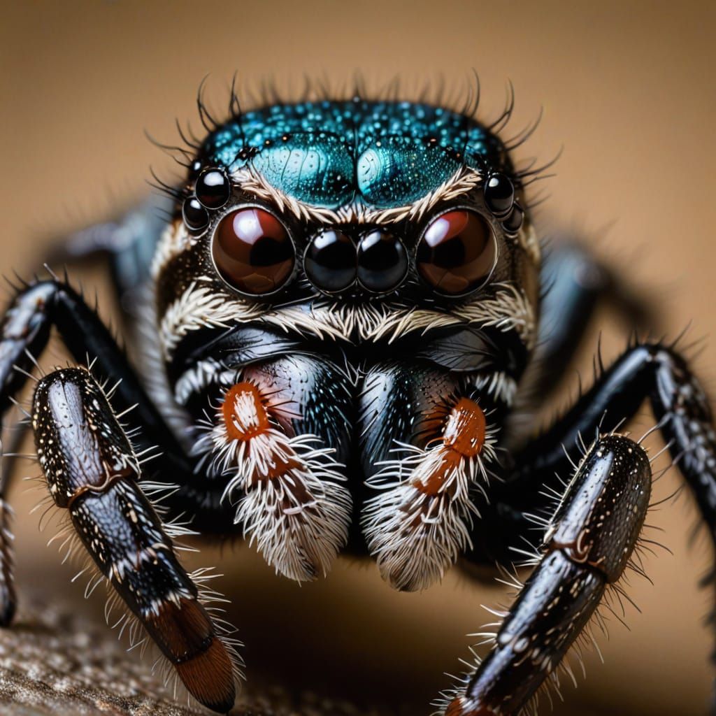 Macro Portrait of Iridescent Jumping Spider