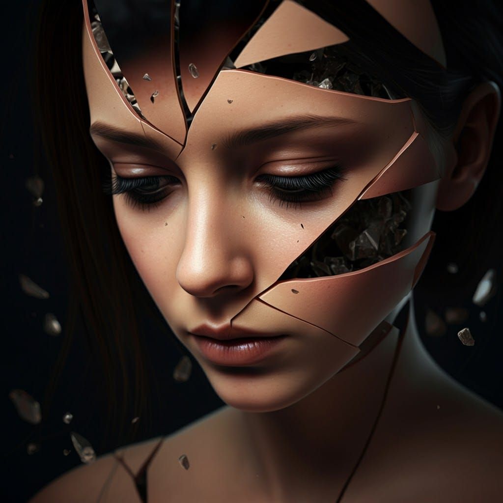 Shattered Woman: Hyperrealistic Portrait in Fractured Glass