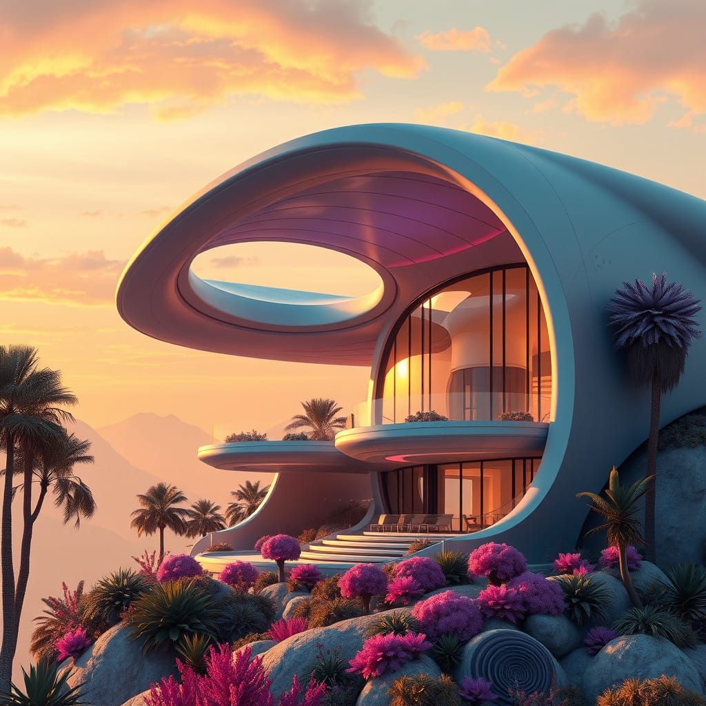 Sleek Futuristic Residence under Vibrant Gradient Skies