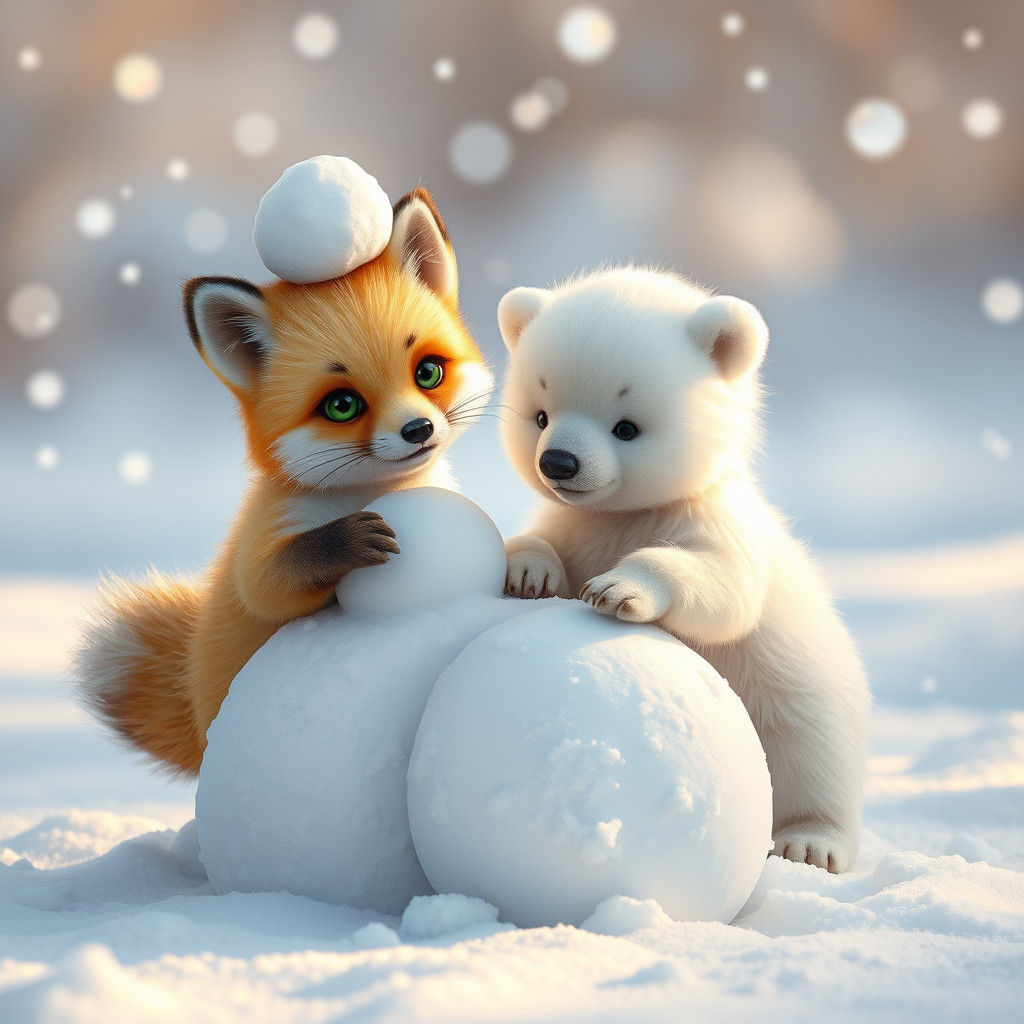 Fox and Polar Bear Cub Build Snowman