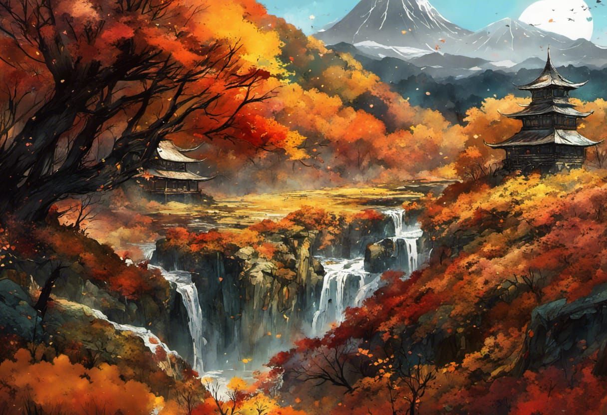 Autumn Landscape in Anime Style Watercolor