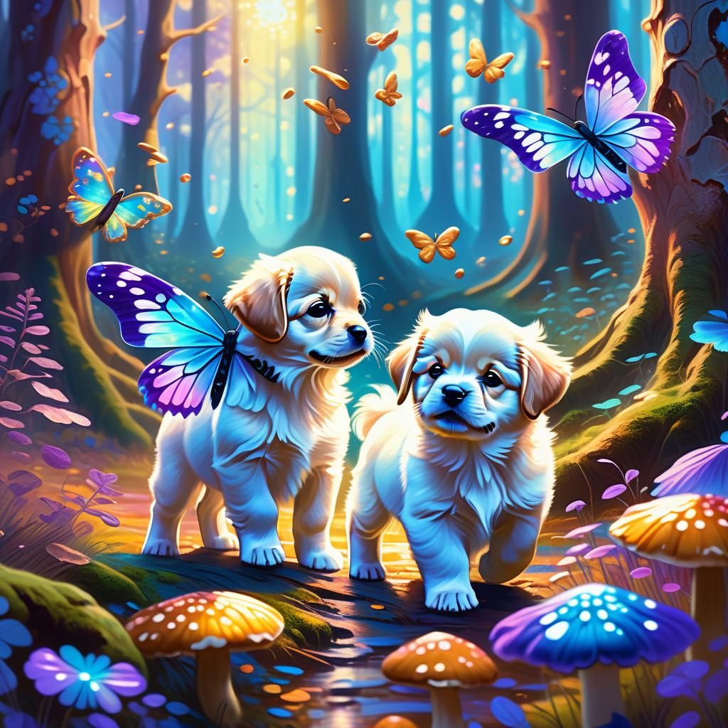 Puppies Play in Whimsical Forest, Oil Painting