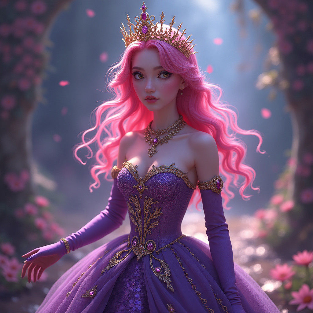 Regal Pink-Haired Princess in Mystical Realm: Fantasy Art