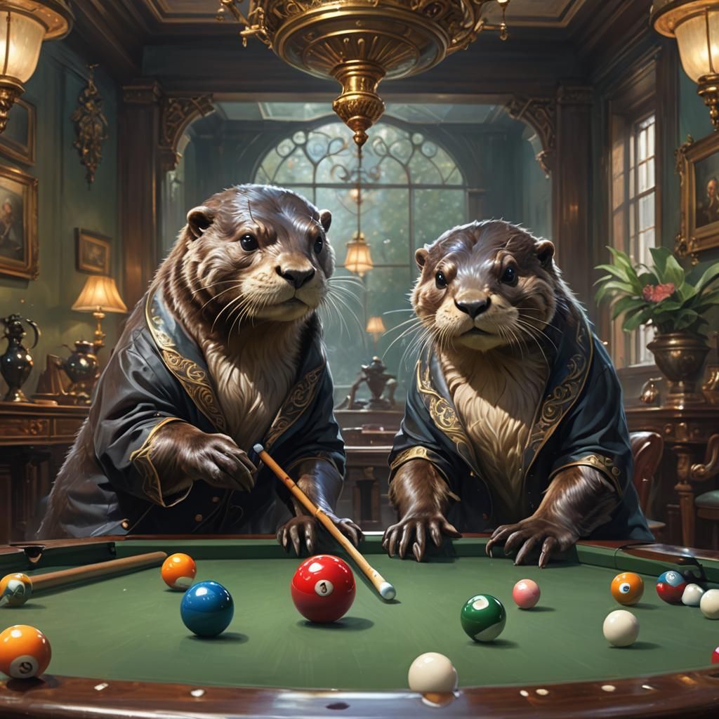 Otters Play Billiards in Photorealistic Oil Painting