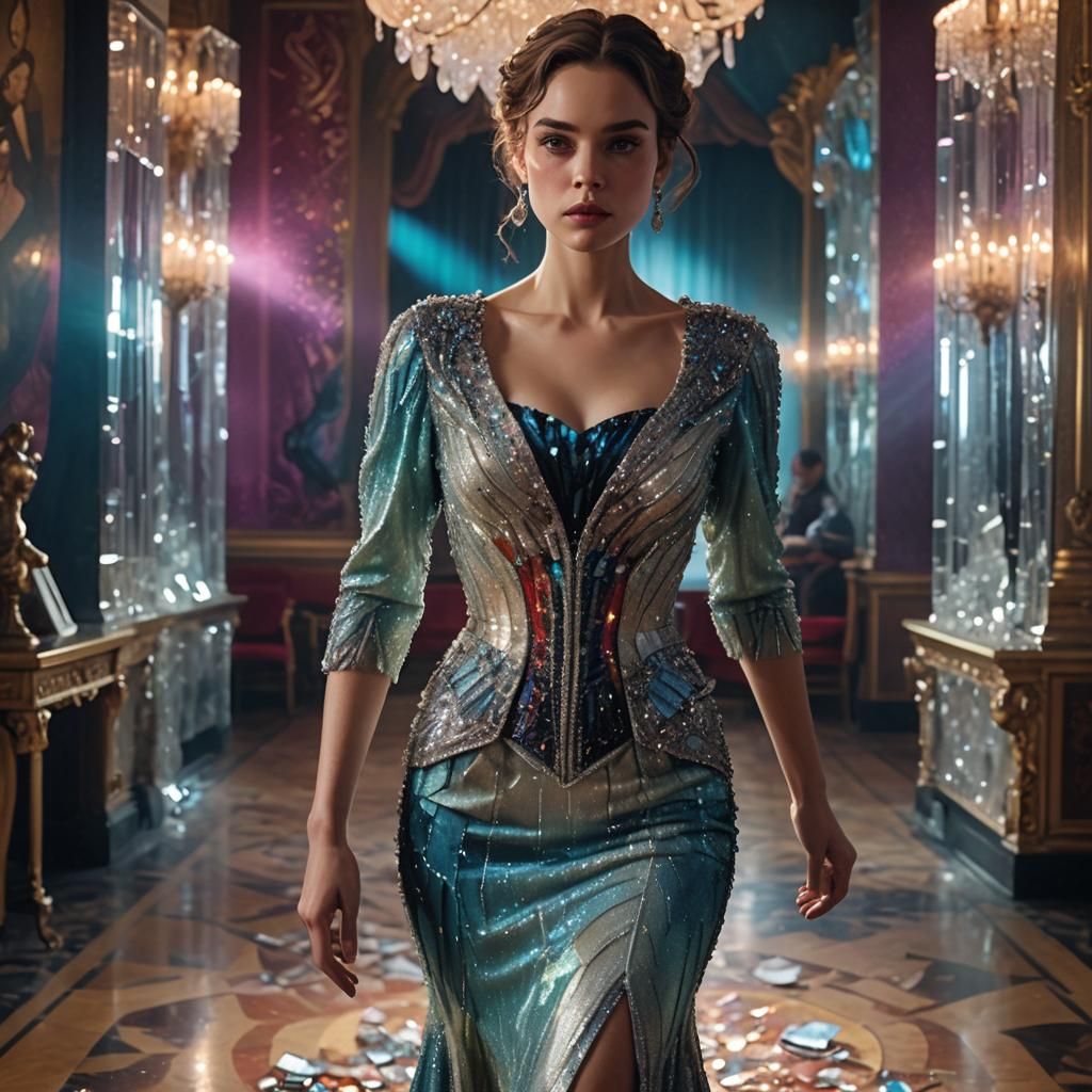 Woman in Baroque Dress in Ballroom Portrait