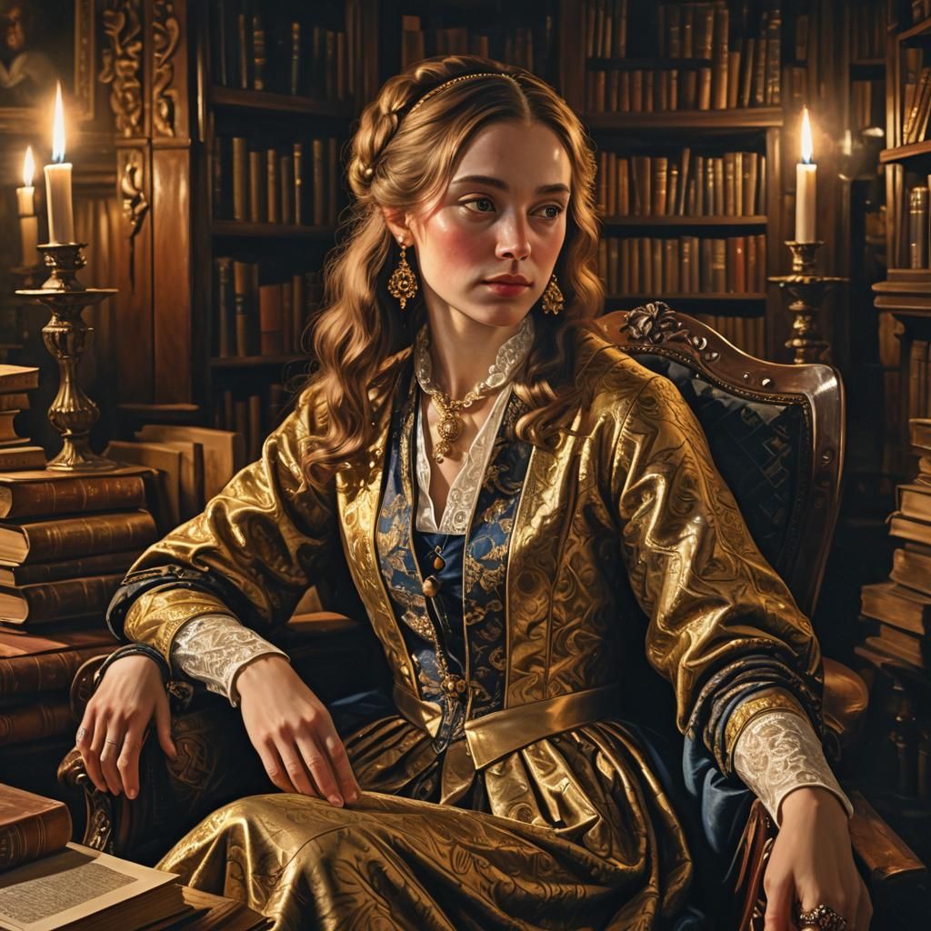 Realistic Portrait of Woman with Books, Vermeer Style