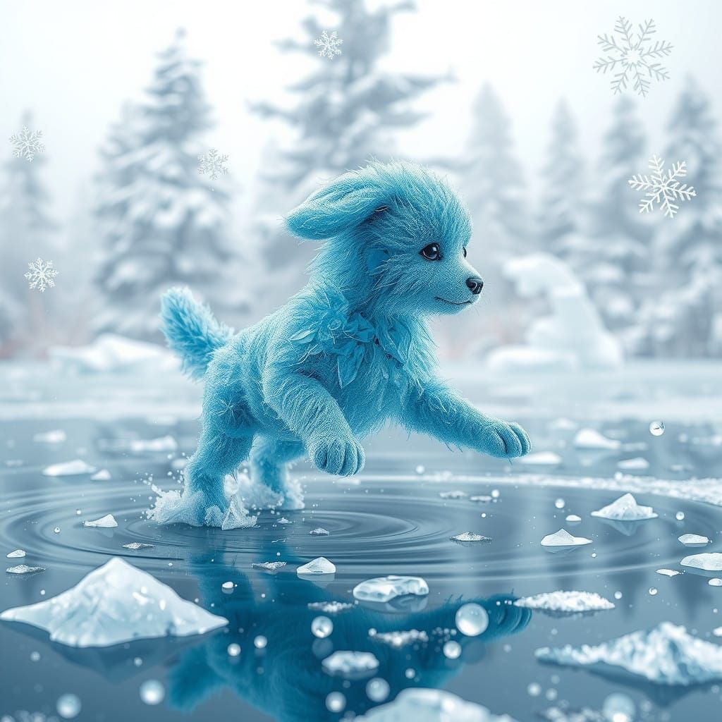 Crystal Ice Puppy Leaps Out of Icy Pond to Play with Swirlin...