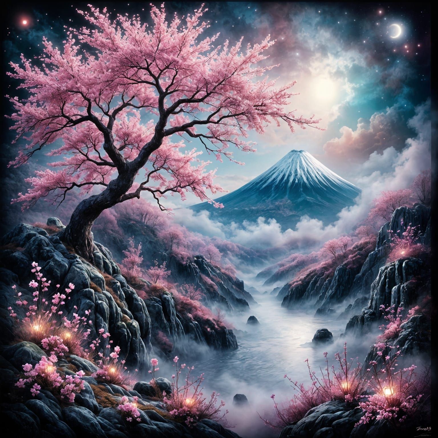 Cherry Blossom Tree with Mount Fuji in Watercolor Style