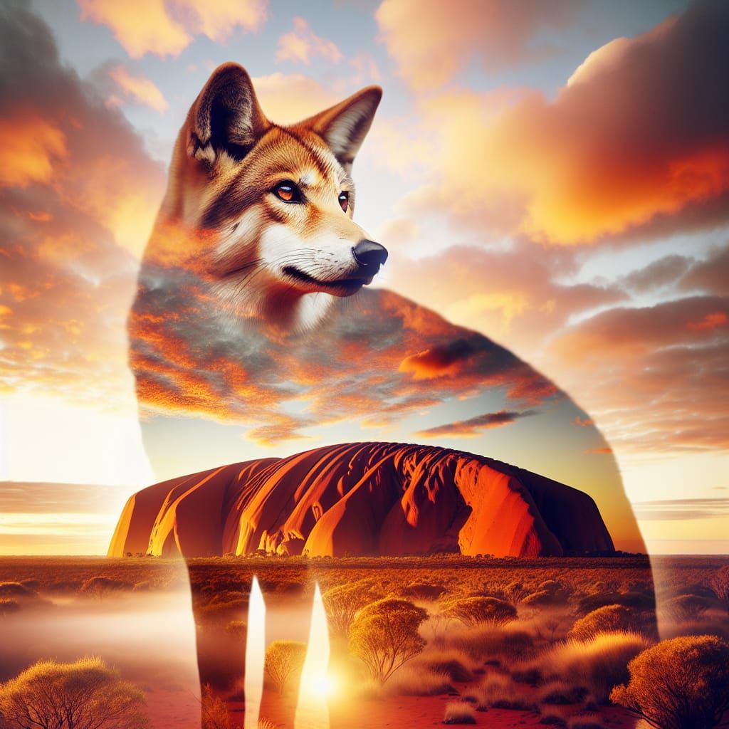 Dingo and Ayers Rock Double Exposure at Sunrise