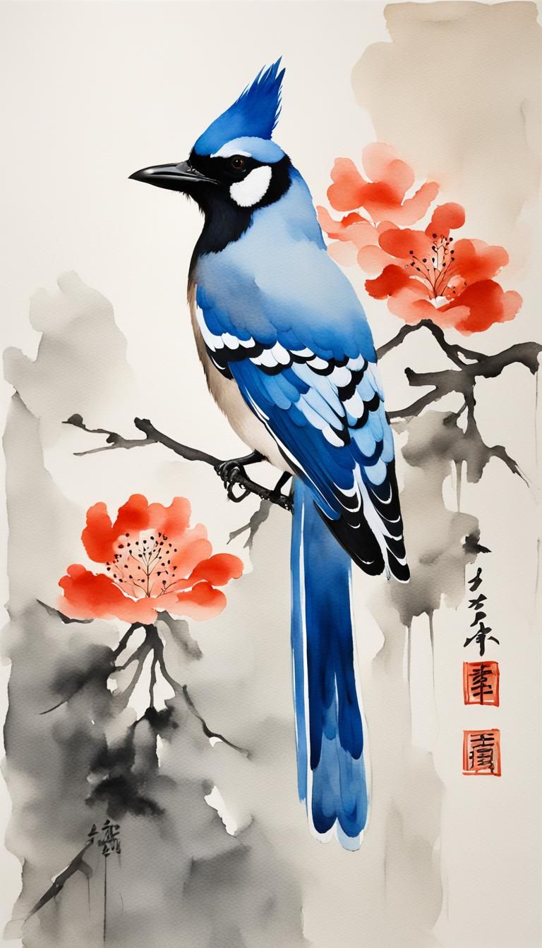 Minimalist Chinese Ink Painting of a Jay