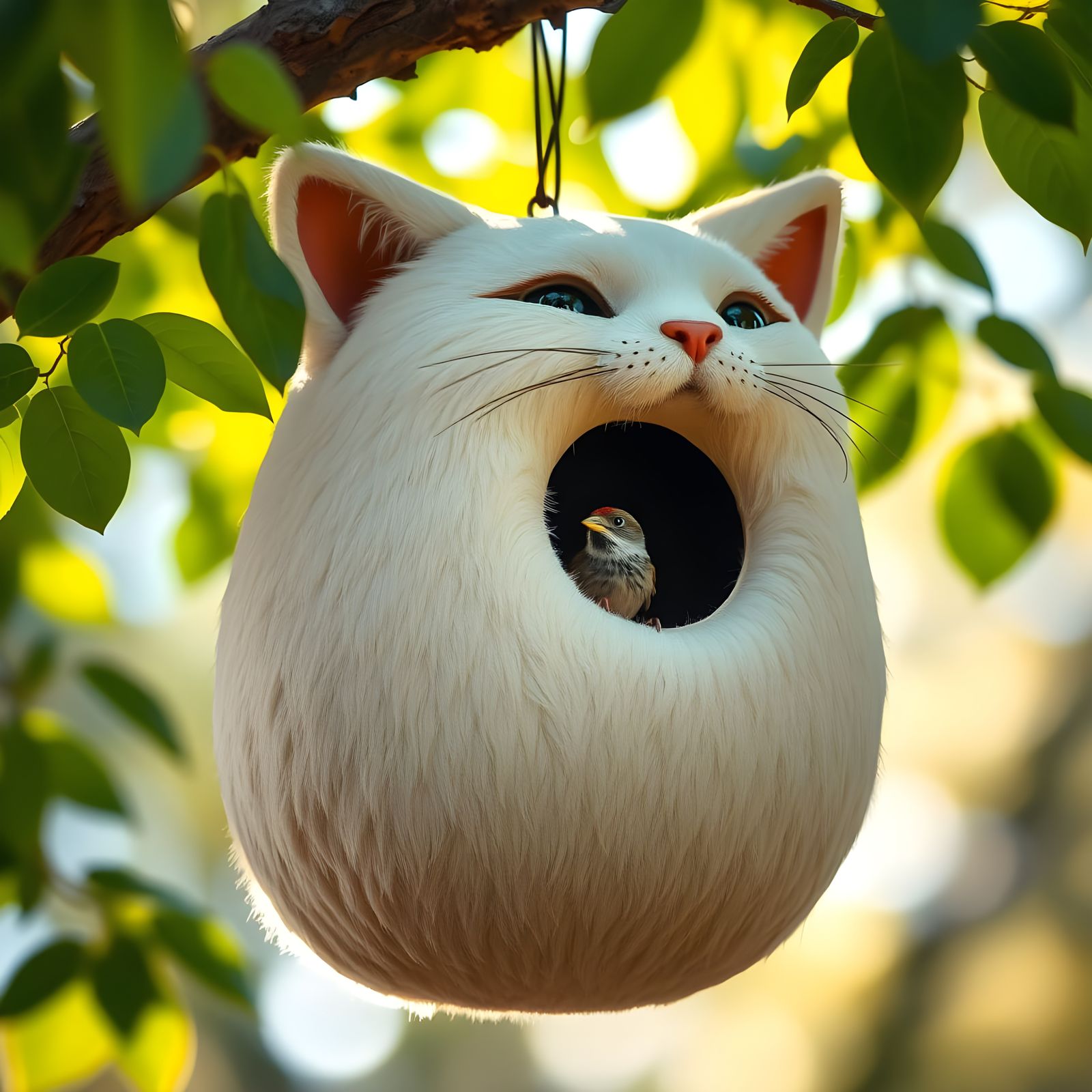 Photorealistic Cat Birdhouse with Sparrow Perched