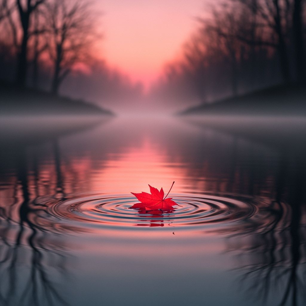 Solitary Maple Leaf Drifting on Twilight River