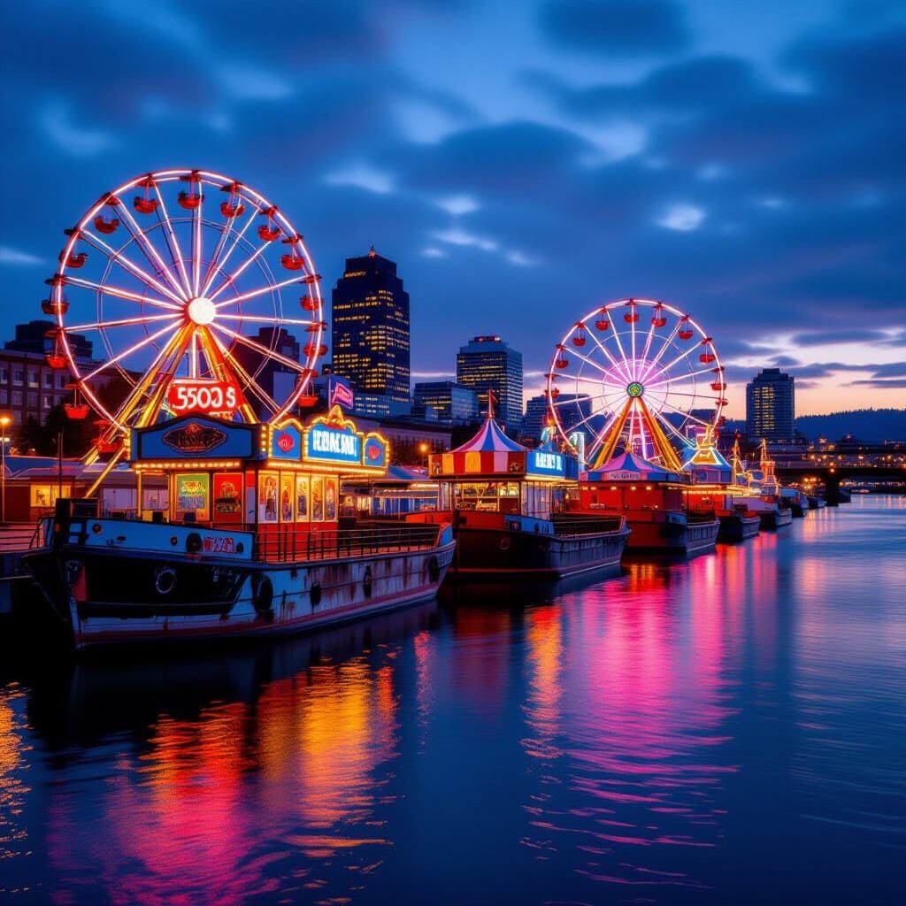 Carnival Barges on Portland Waterfront at Dusk