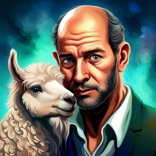 Jewish Man Rides Alpaca with Dreidel: Detailed Fantasy Art